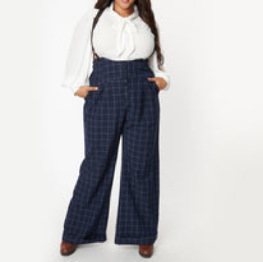 NWT Unique Vintage Navy Windowpane Thelma Suspender Pants
